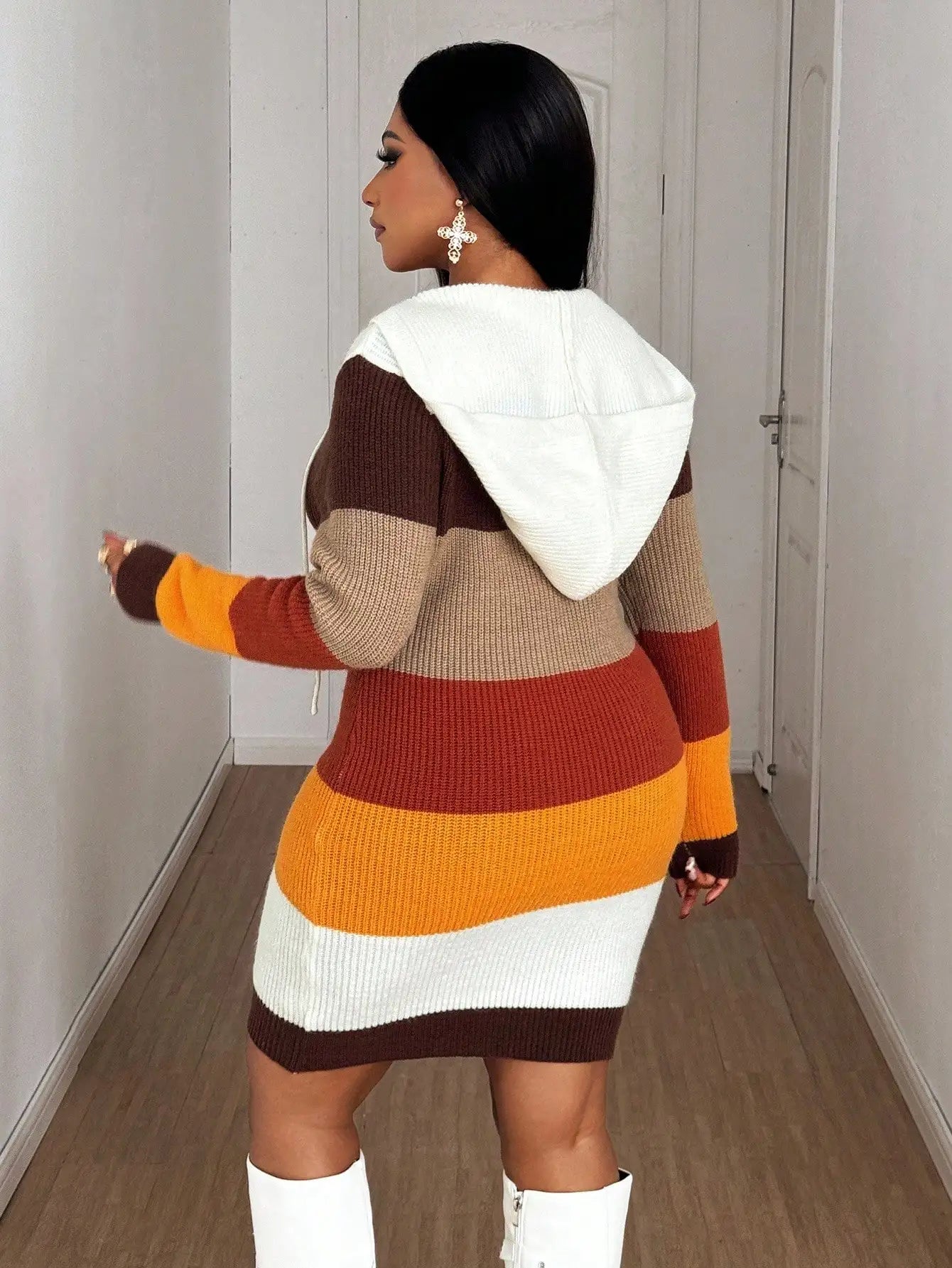 Plus Size Colorblock Striped Hooded Knit Mini Dress