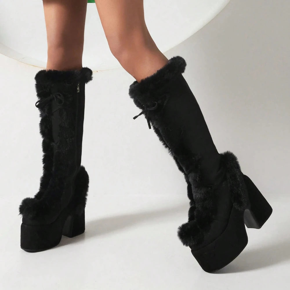 Faux Fur Knee High Goth Platform Boots