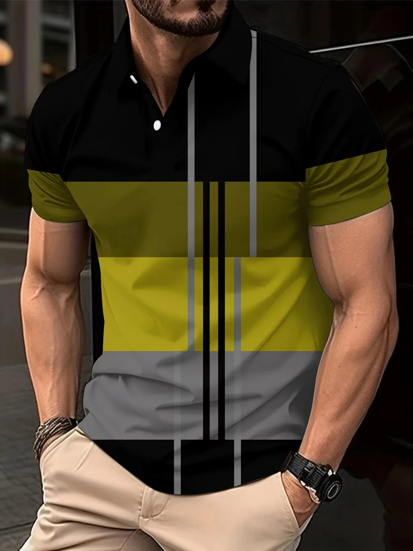 Men's 3D Stripe Print Short Sleeve Polo Shirt