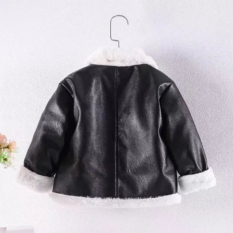 Girls PU Leather Jacket Thicken Faux Fur