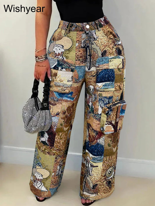 Printed Oil Painting Pattern Multi Pocket Cargo Pants