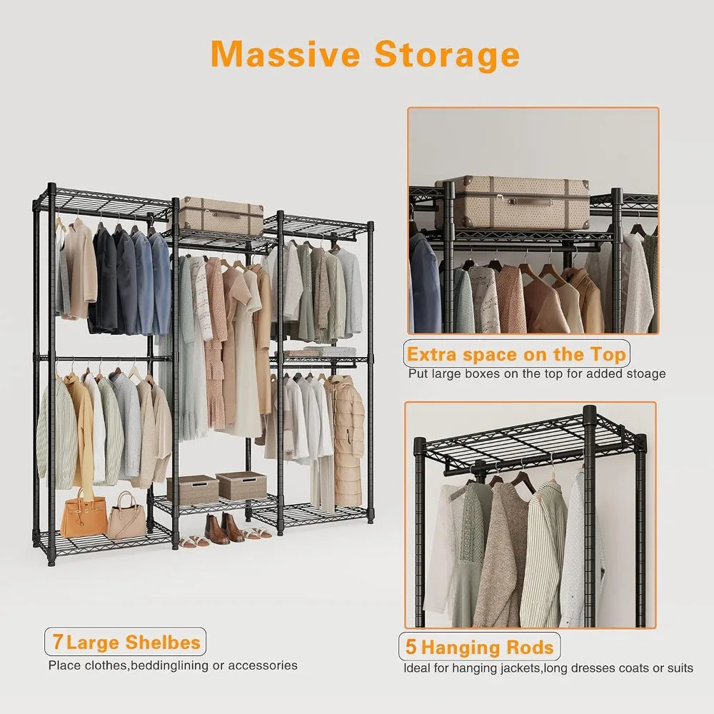 T3 Portable Clothes Rack Heavy Duty with 5 Hang Rods & 7 Shelves