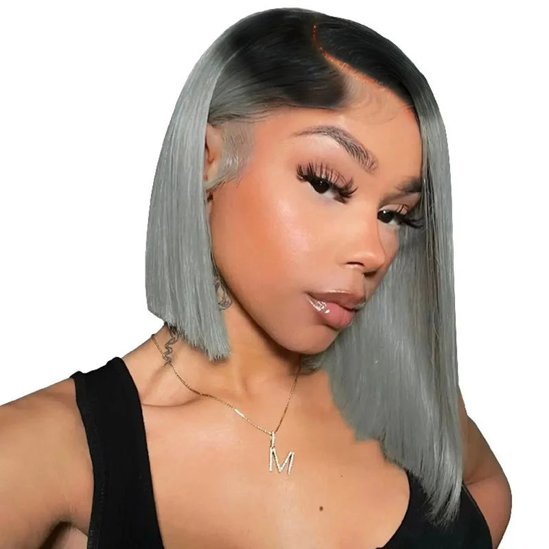 Gray Human Hair Short Straight Bob 14inch 13×4 Frontal Transparent Wig