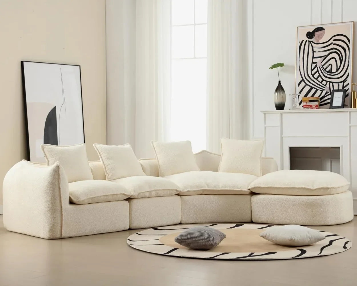 Curved Boucle Modern Sectional Sofa Cloud Deep Seat Couch