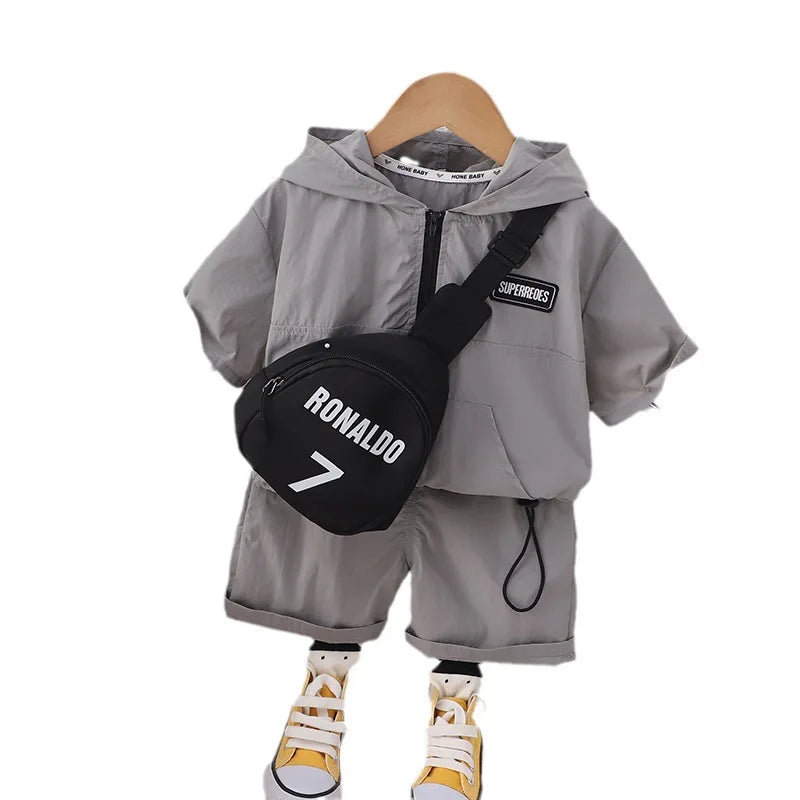 Boys Half Zipper Hooded Short-Sleeved Suit with Satchel 2Pcs 12M-5Y