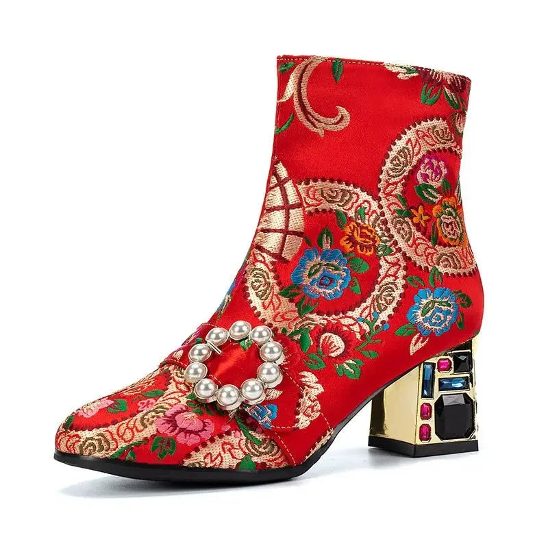 Embroidery Floral Ankle Boots Genuine Leather