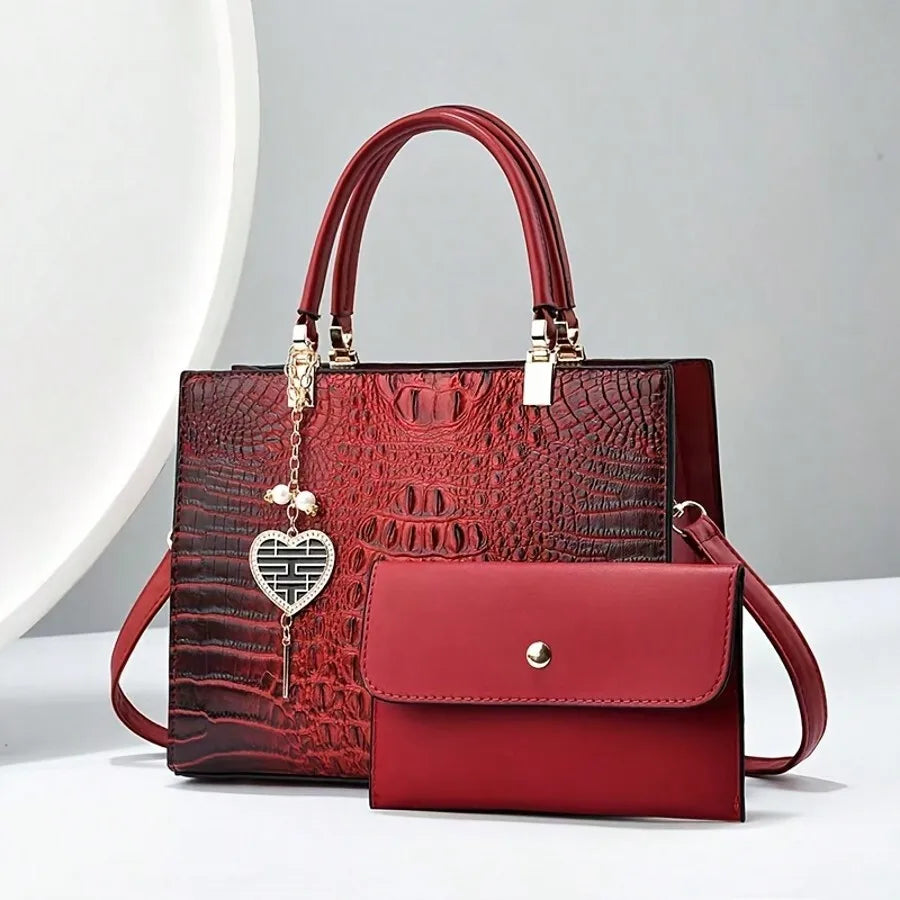 Croc-Embossed Top Handle Handbag with Detachable Wallet