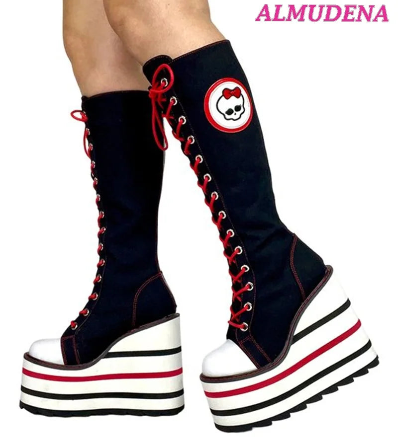 Canvas Platform Knee High Boots Colorful Cute Wedges