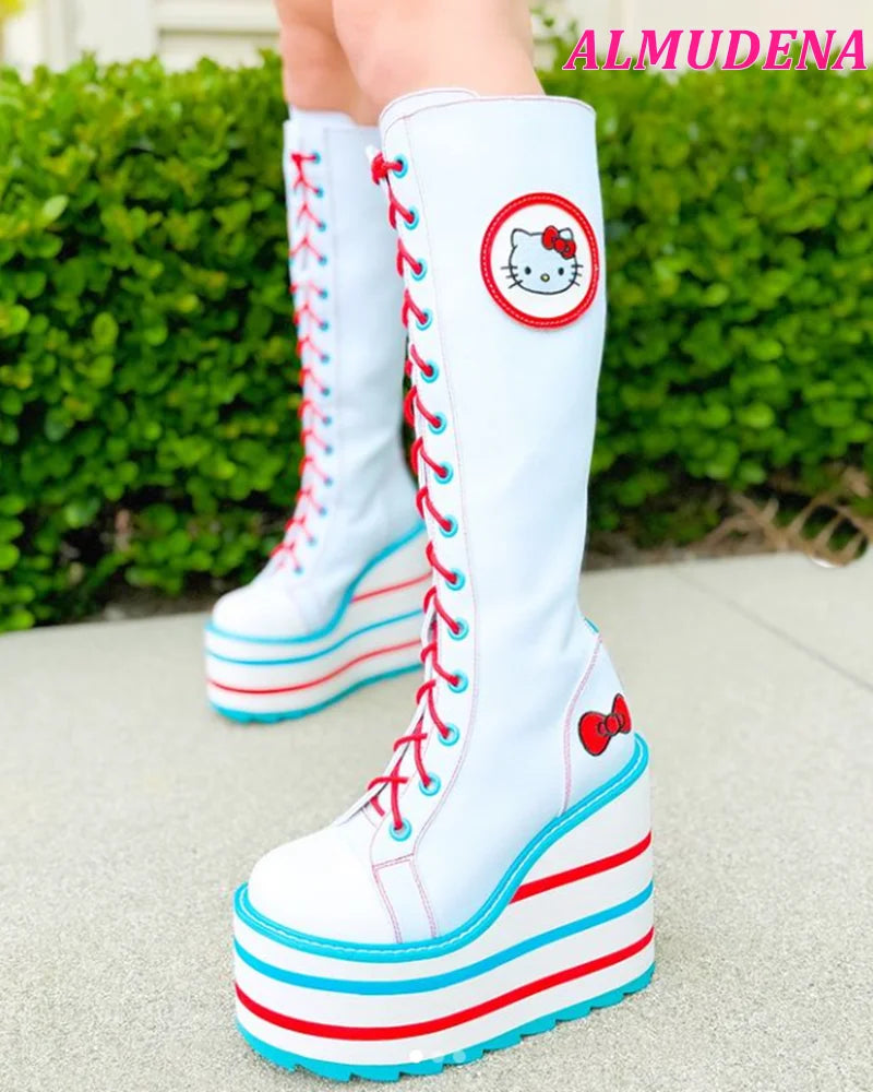 Canvas Platform Knee High Boots Colorful Cute Wedges