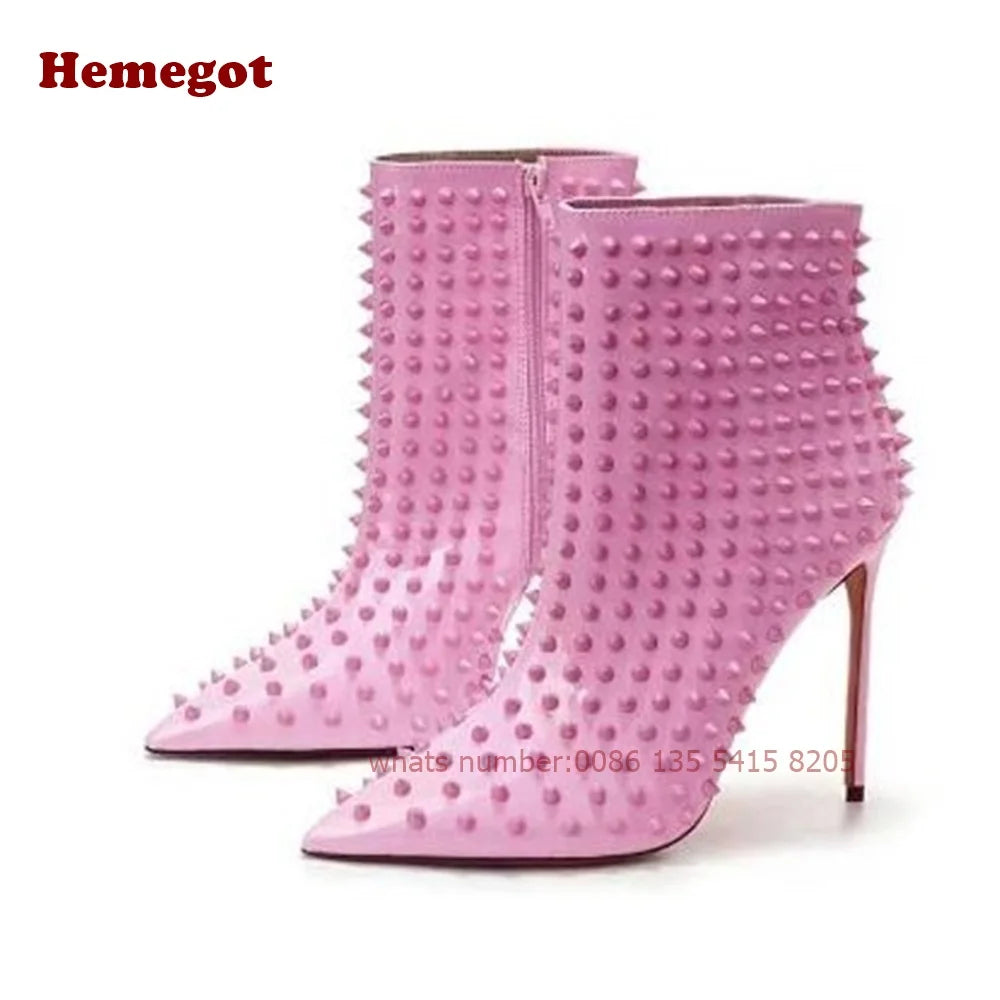 Black Rivet Pointy Ankle Boots Full-Studded Stiletto Heels