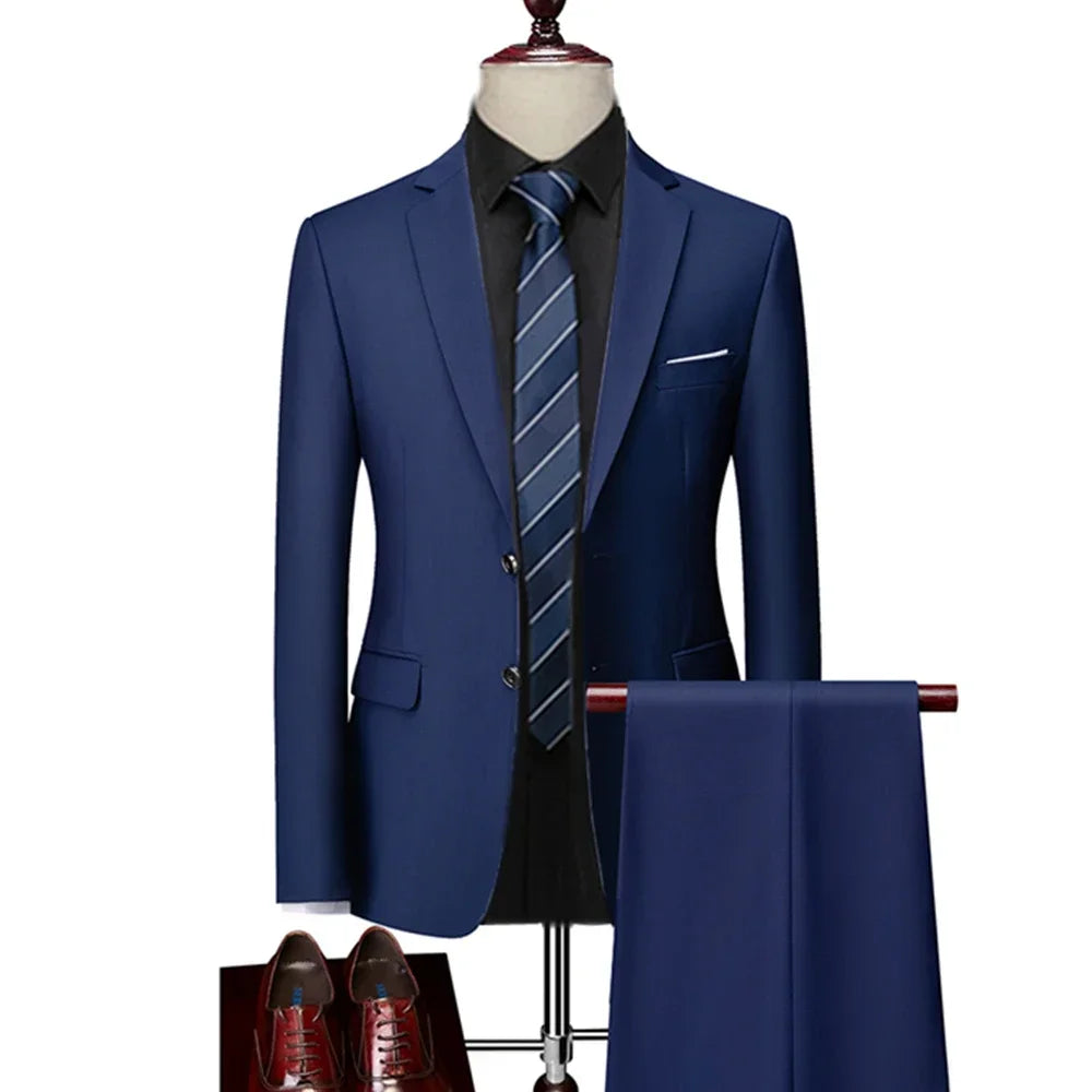 Suit Set Blazers Jacket Pants Men Casual Slim Dress