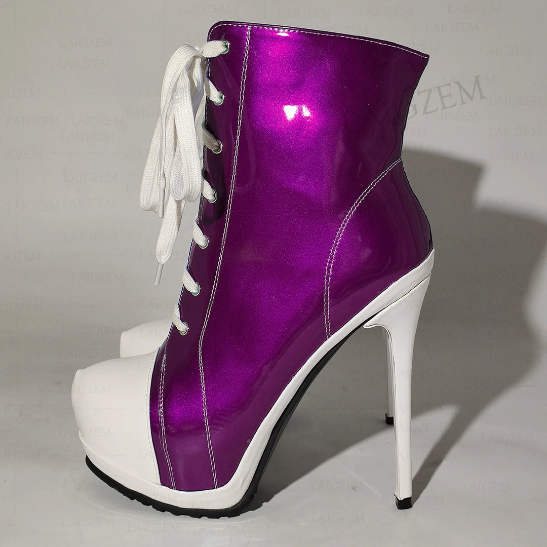 Ankle Boots Platform Shiny Zip Up Thin High Heel