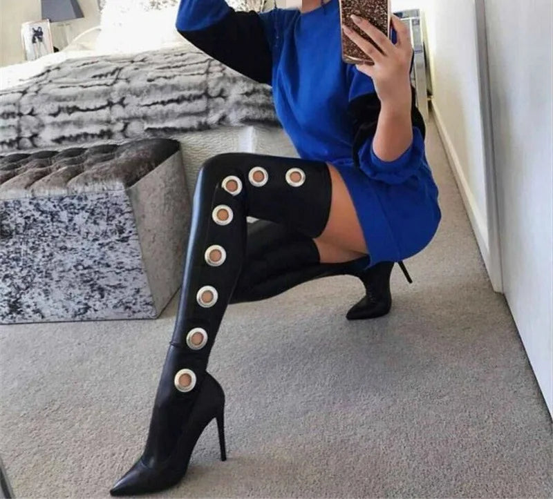 Black Leather Crotch Thigh High Heeled Pointed Toe Boots