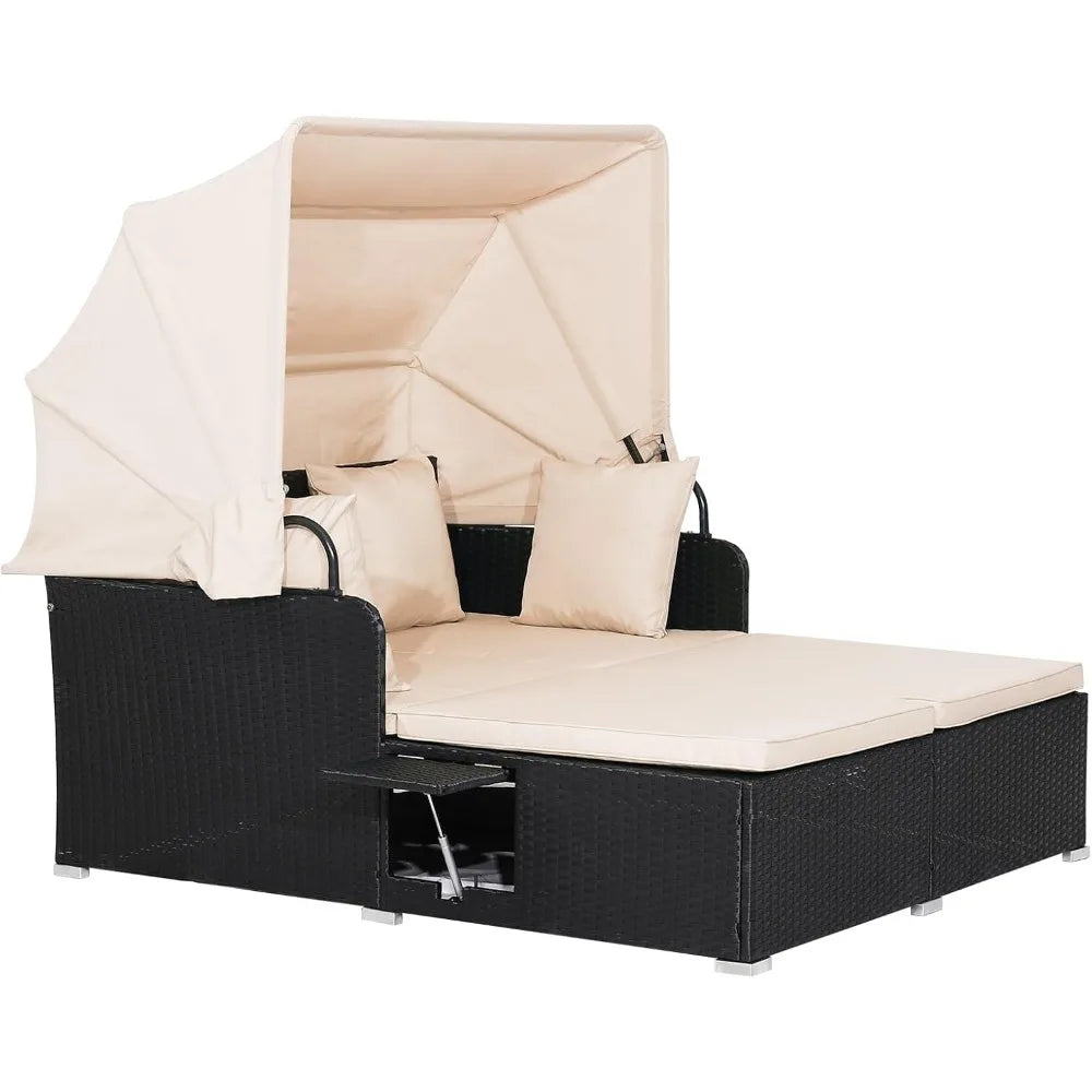 Outdoor Wicker Sunbed w/Cushions, 4 Pillows & 2 Retractable Side Trays