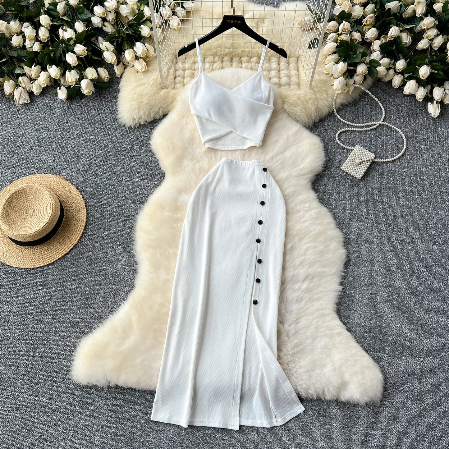 Sexy 2 Piece Crop Camis Top and Split Long Skirt