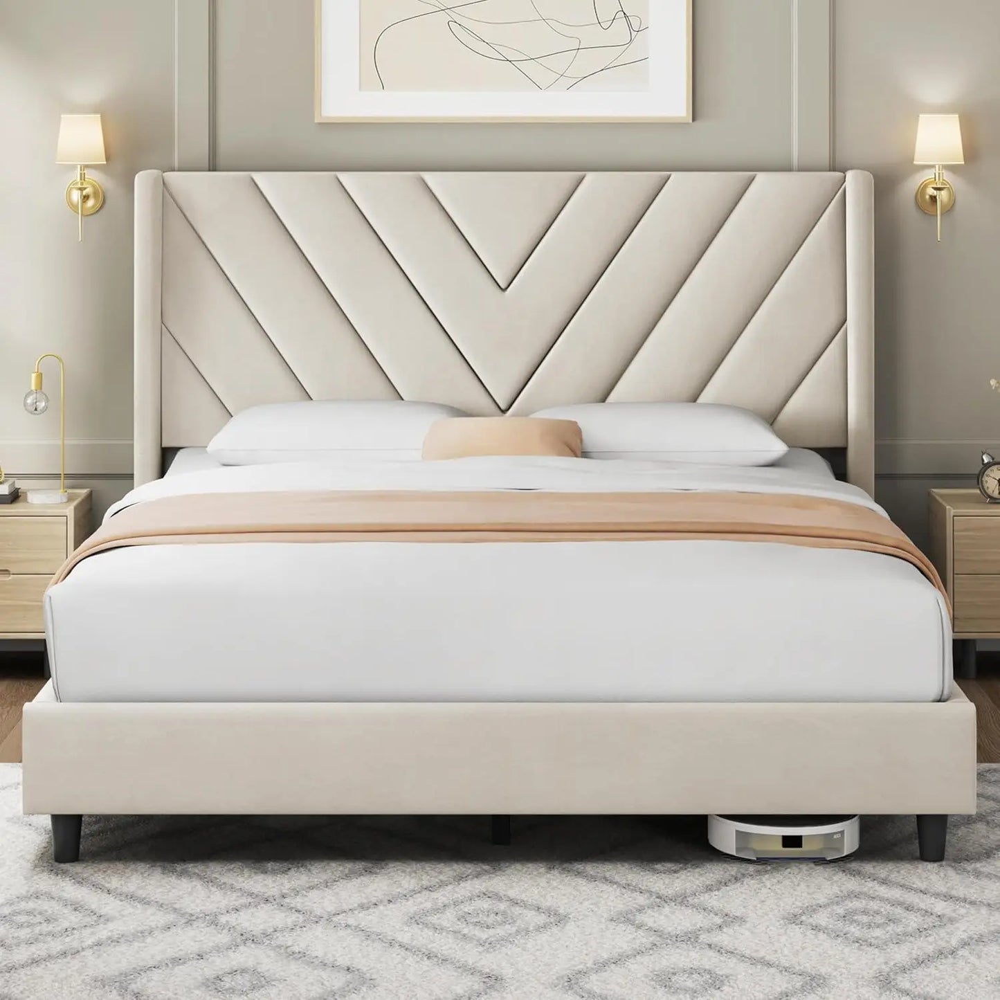 Queen Bed Frame with Upholstered Headboard