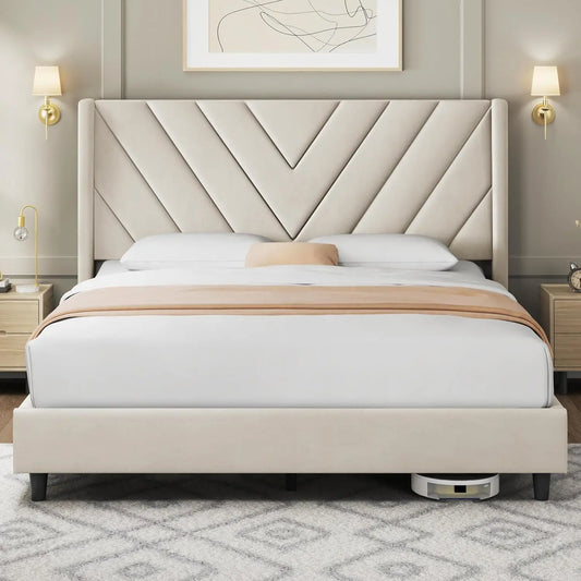 Queen Bed Frame with Upholstered Headboard