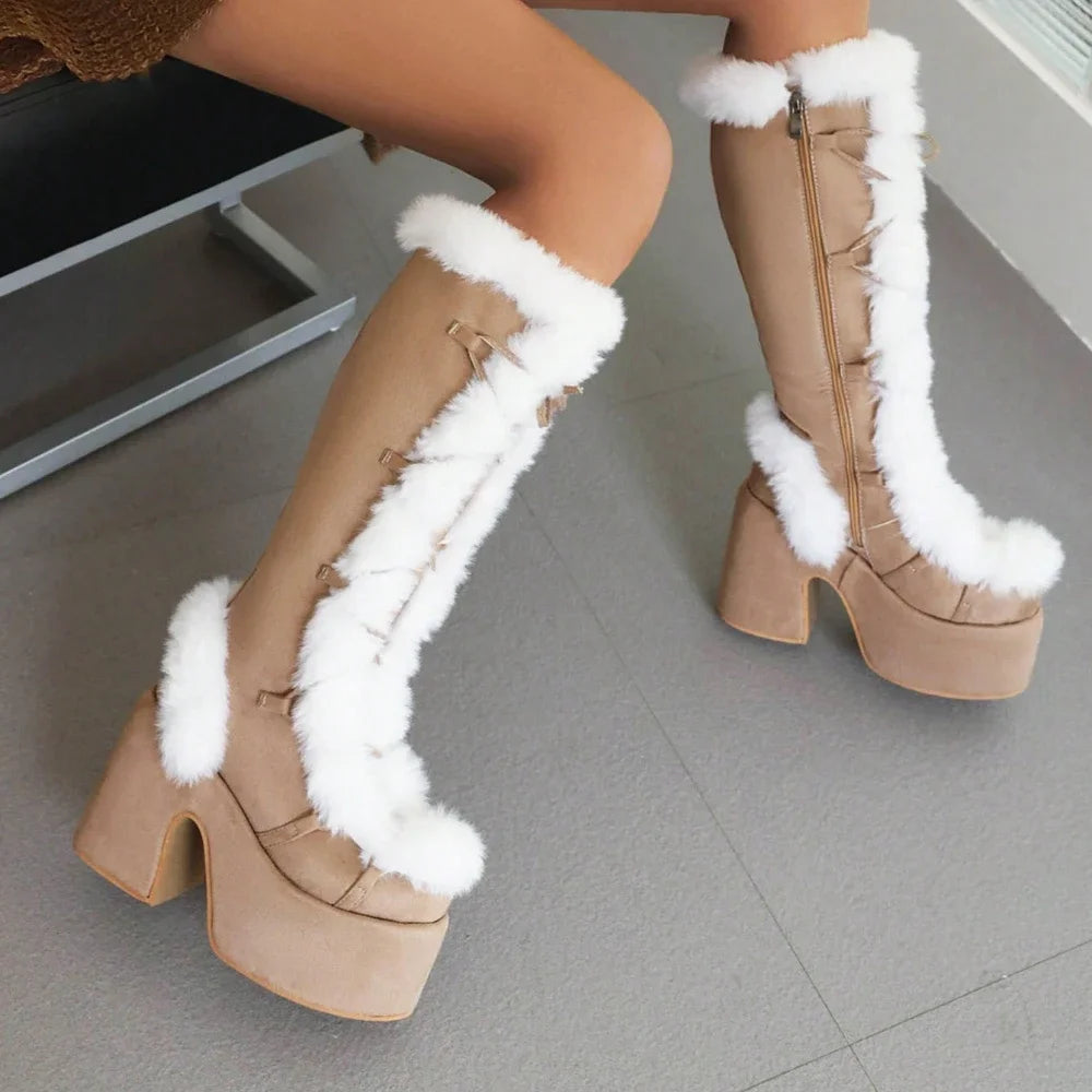 Faux Fur Knee High Goth Platform Boots
