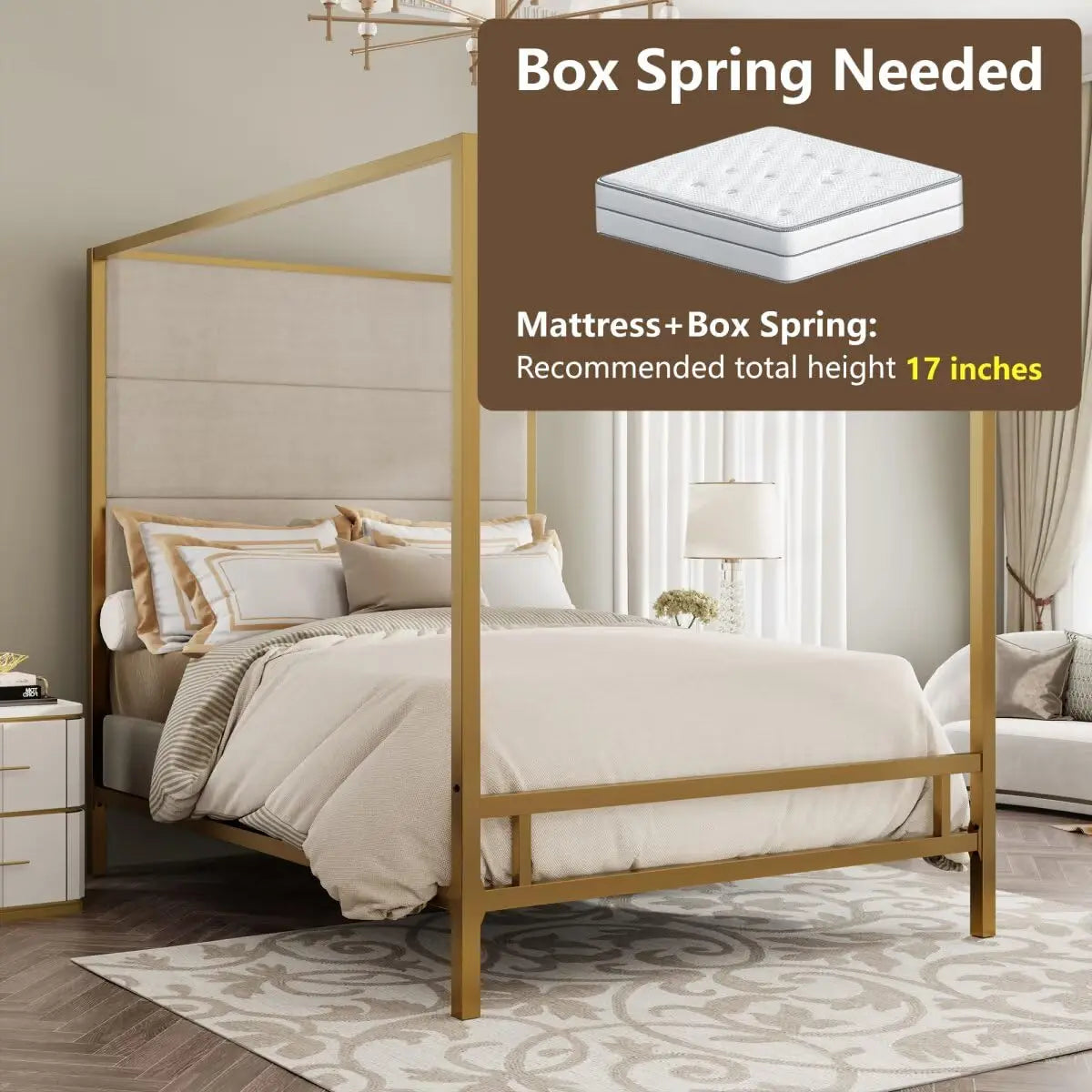 Modern Gold Canopy Bed with Tall Linen Fabric Upholstered Headboard