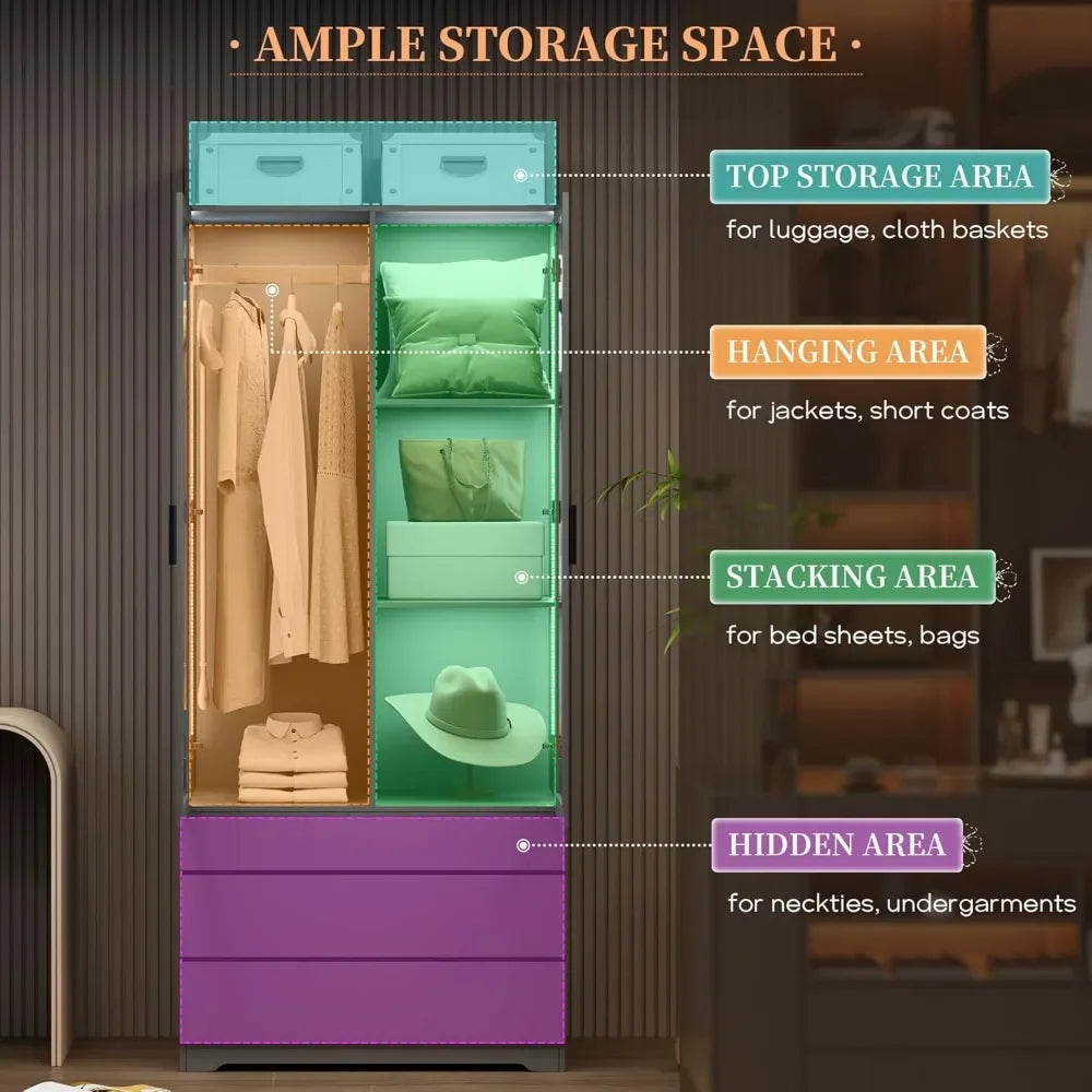 LED Armoire Wardrobe Closet Cabinet 3 Drawers Lights Adjustable Shelves Hanging Rod- 70"