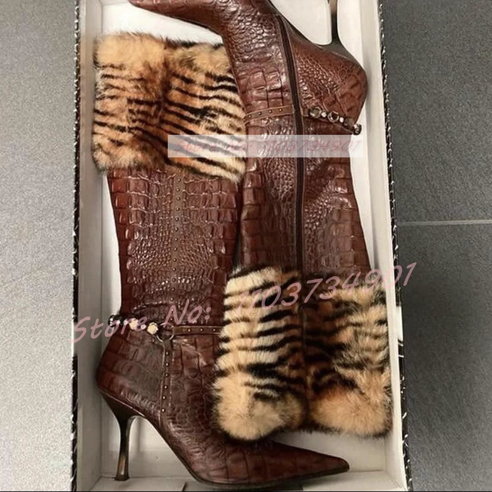 Crocodile Tiger Pattern Furry Retro Heeled Boots