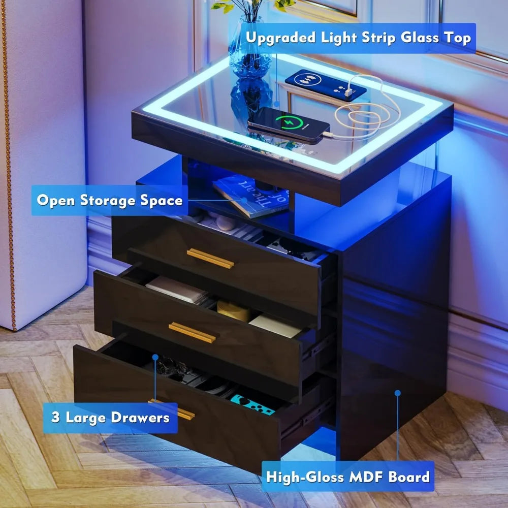 2 Set Nightstands with Wireless Charging Station, Auto Sensor 3 Color Dimmable LED