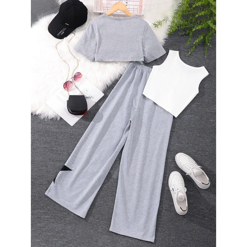 3 Pcs Set Teens Girl Clothing High Waisted T-shirt + Tank Top + Pants