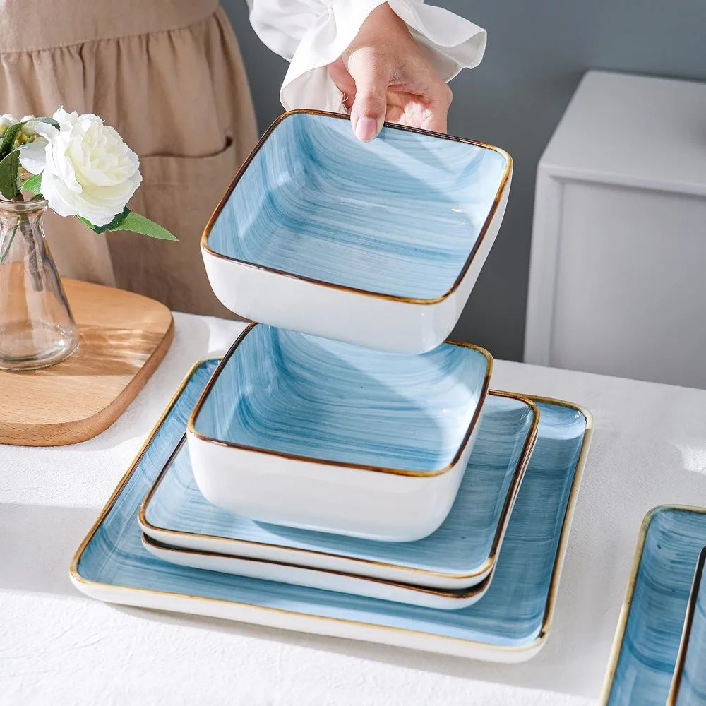 Kitchen Dishes 32 Pieces Square Light Blue Brushed Design