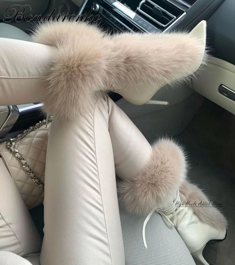 White\Beige Fur Mid Calf High Heel Pointed Toe Boot