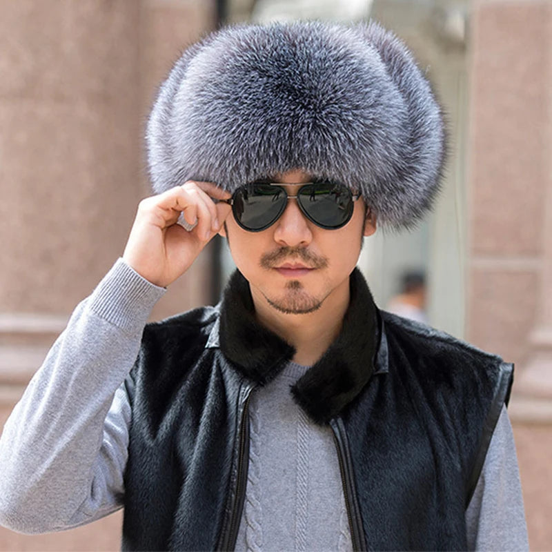 Winter Men's 100% Real Silver Fox Fur Bomber Hat