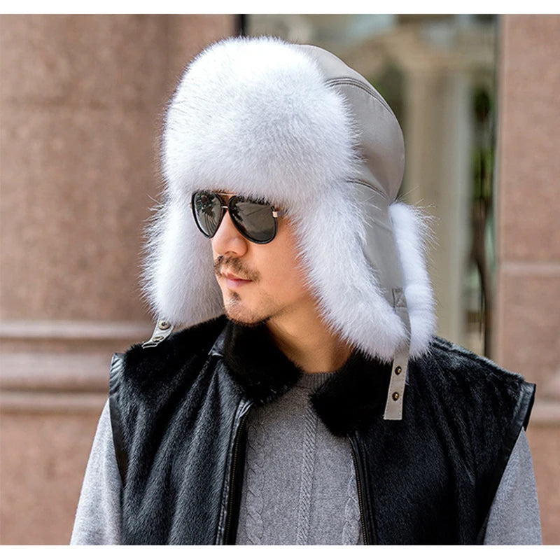 Winter Men's 100% Real Silver Fox Fur Bomber Hat