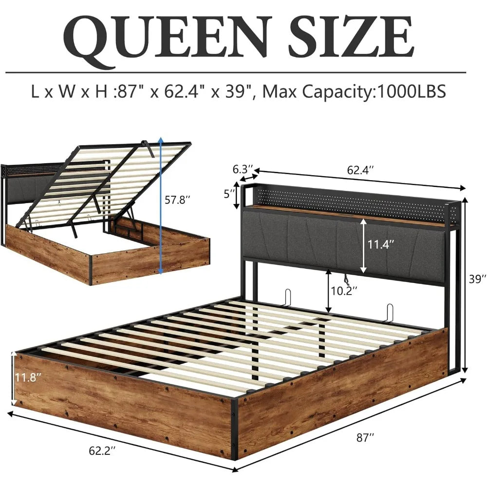 Queen Size Lift Up Storage Bed Frame RGBW LED Light