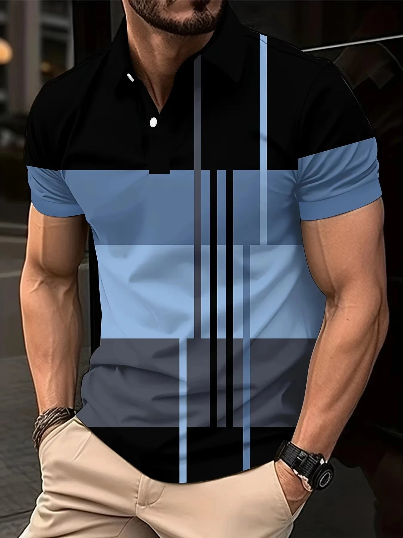 Men's 3D Stripe Print Short Sleeve Polo Shirt