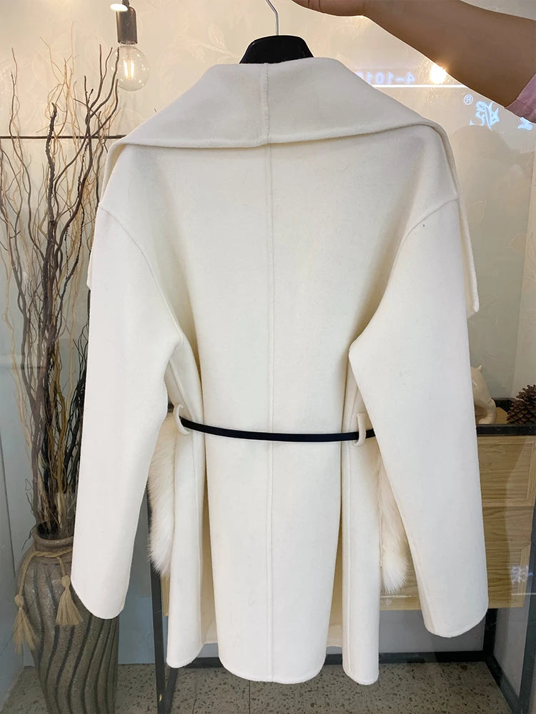 Real Natural Fox Fur Pocket Coat Cashmere Wool