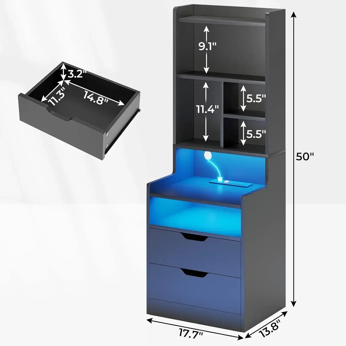 Bedside Nightstand with Bookshelf, Shelves, Drawers and LED Lights