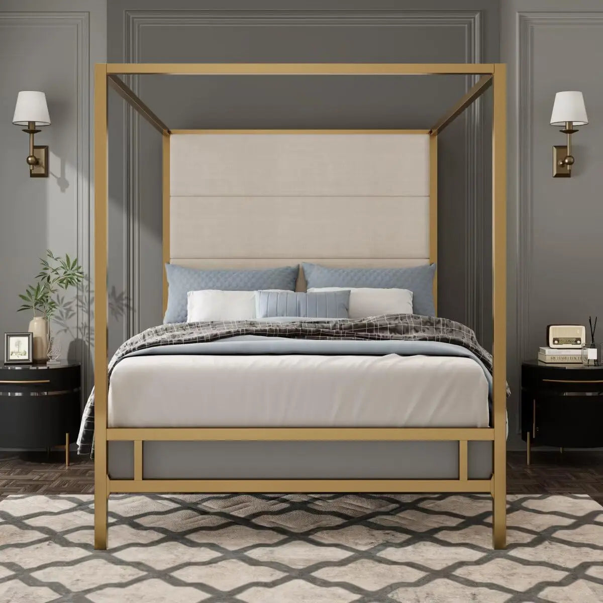 Modern Gold Canopy Bed with Tall Linen Fabric Upholstered Headboard