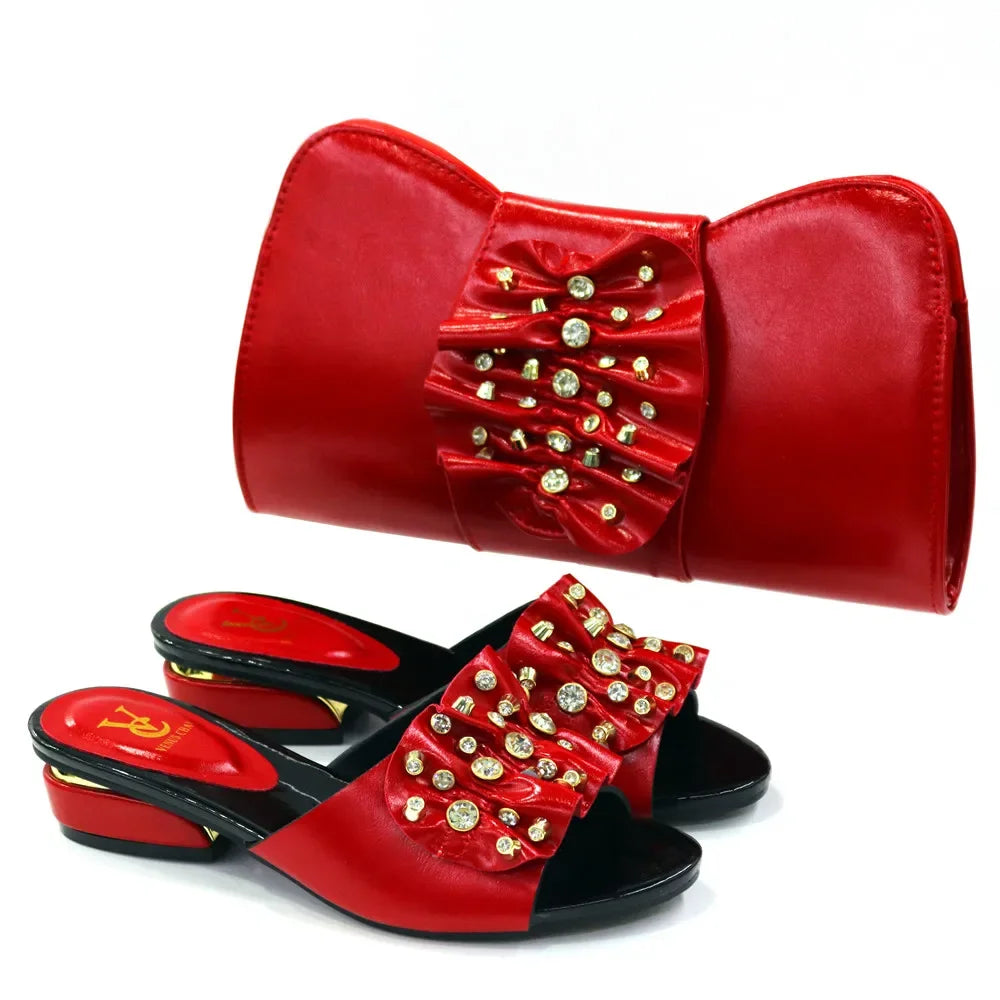 Italian Shoes with Matching Bags Set Decorated with Rhinestone
