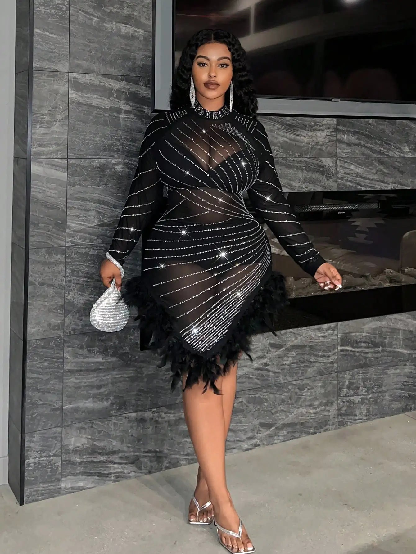 Plus Size Rhinestone Feather Mini Dress
