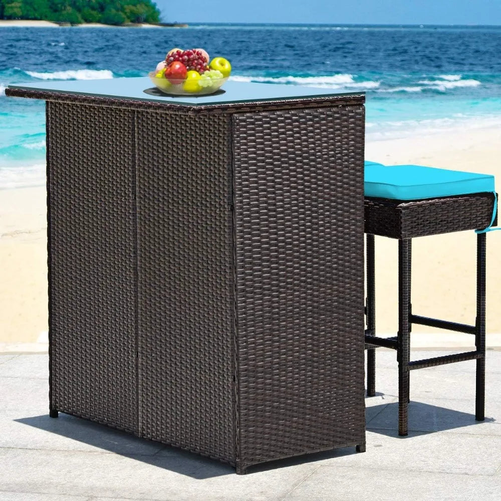 3 Piece Outdoor Rattan Wicker Bar Set with 2 Cushions Stools