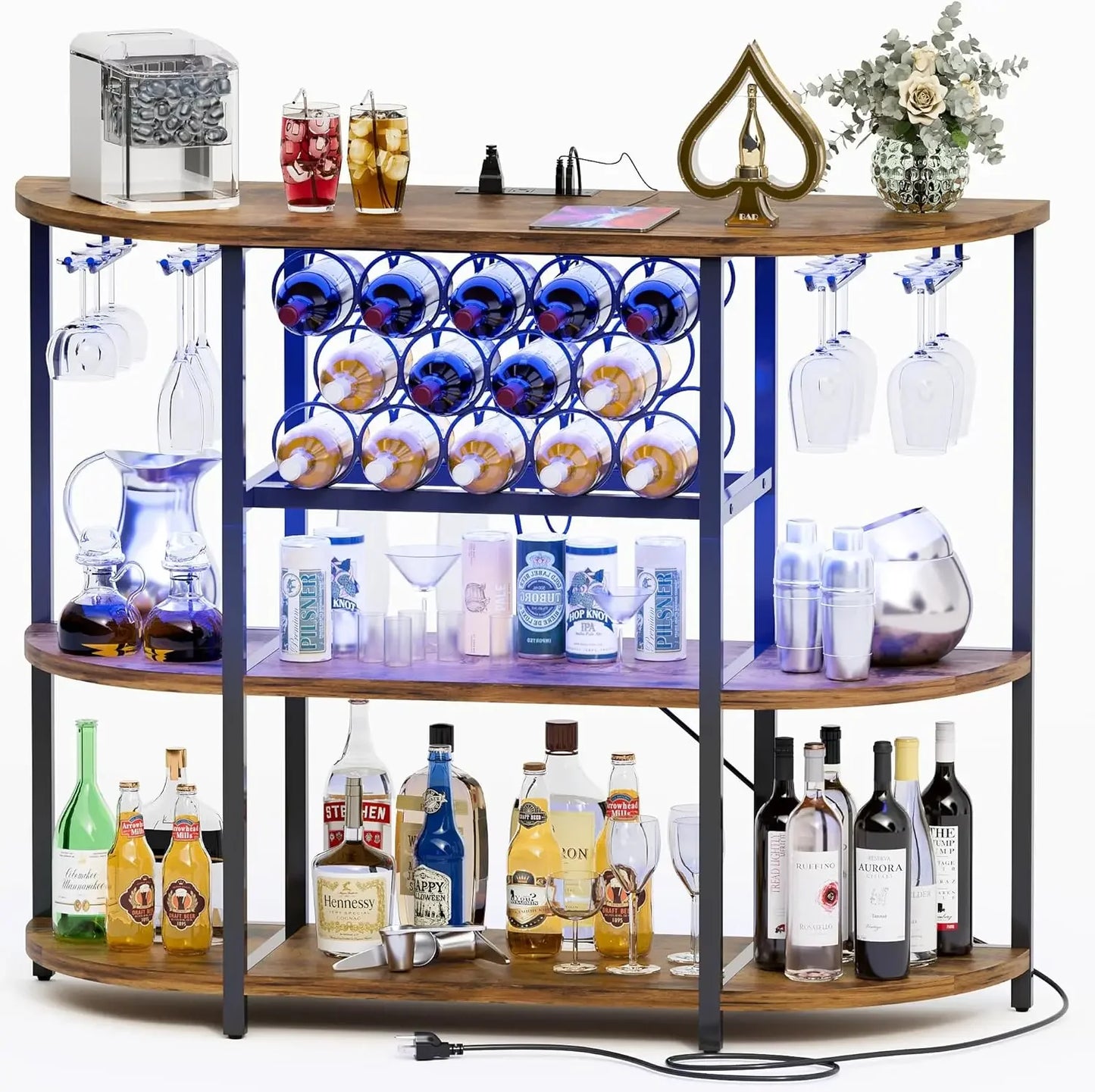 Bar Cabinet with Lights and Outlet 4-Tier Storage
