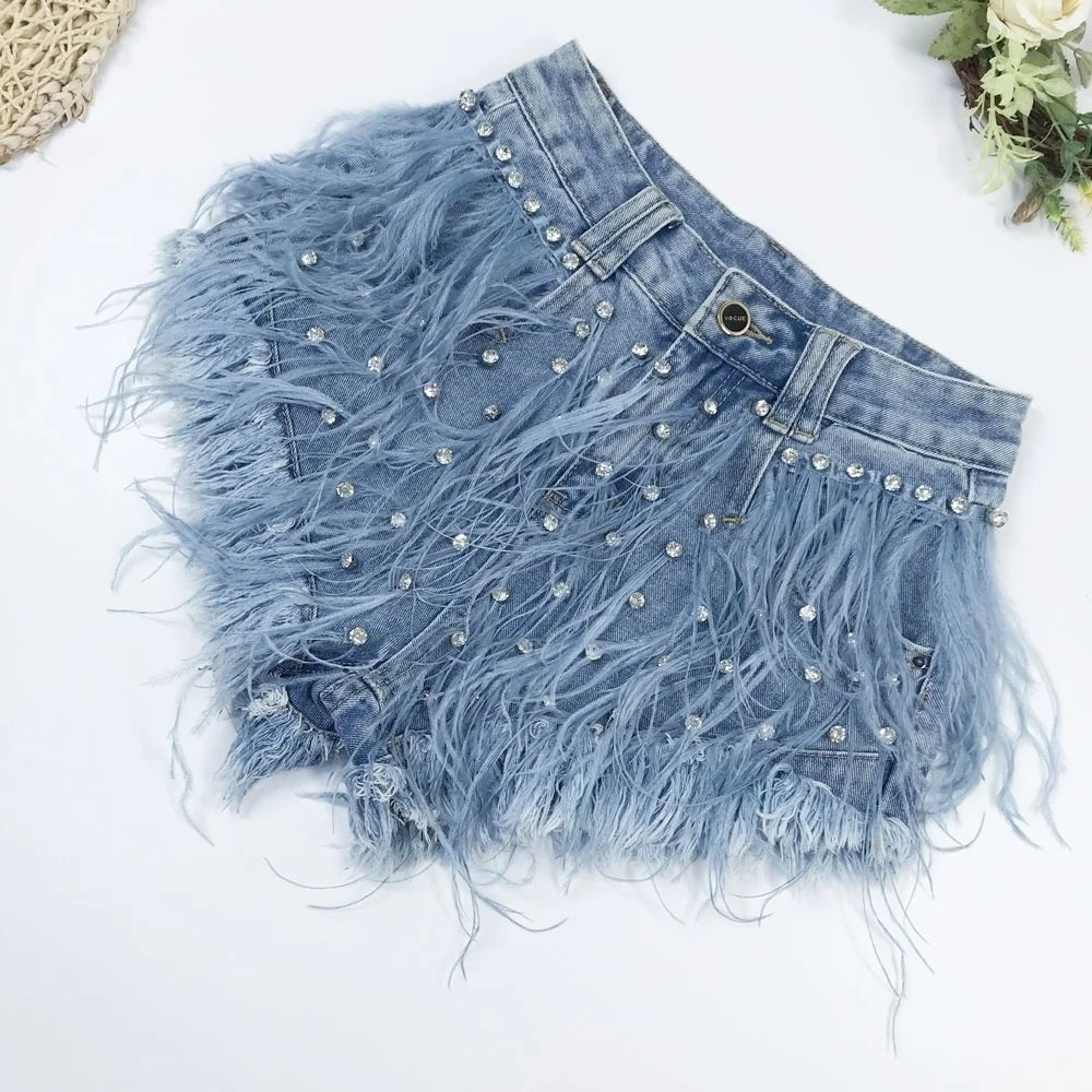 Rhinestone Beaded Feather High Waist Jeans Shorts