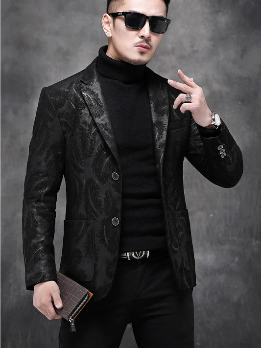 Genuine Leather Feather Printed Slim Suit Coat