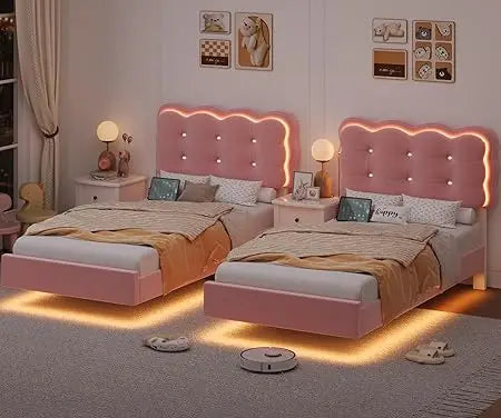 HIFIT 2 Set Upholstered Twin Size LED Bed Frame with Charging Station