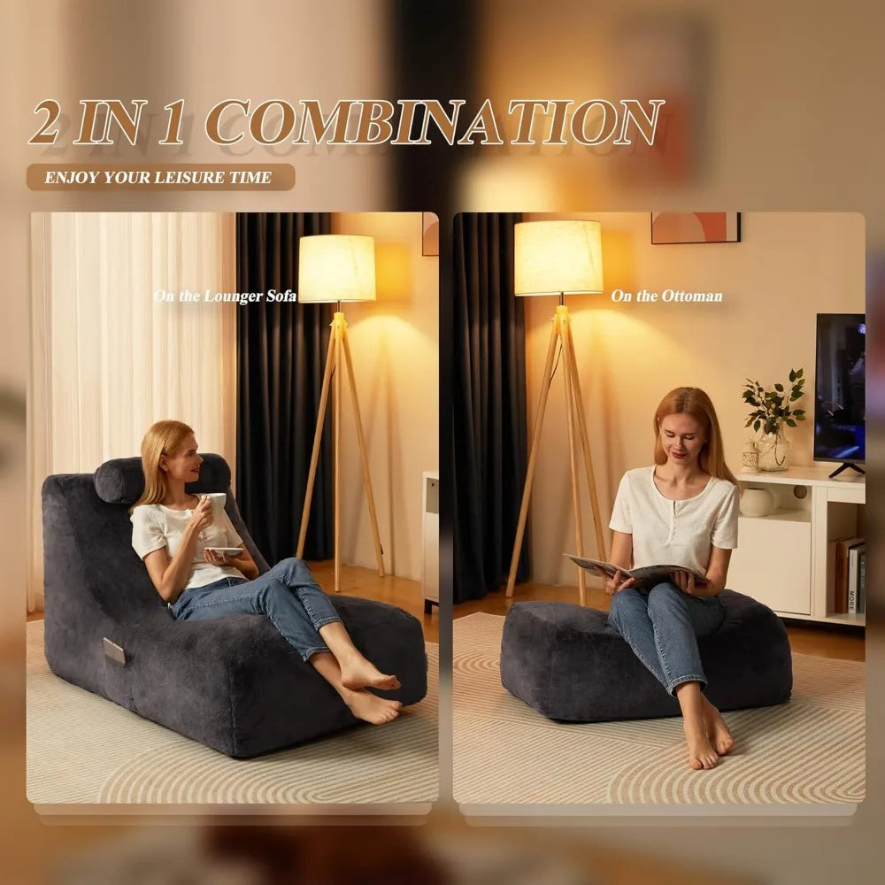 Large Lazy Beanbag Sofa with Neck Roll & Ottoman