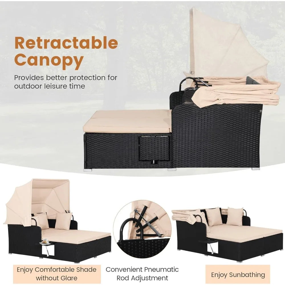 Outdoor Wicker Sunbed w/Cushions, 4 Pillows & 2 Retractable Side Trays