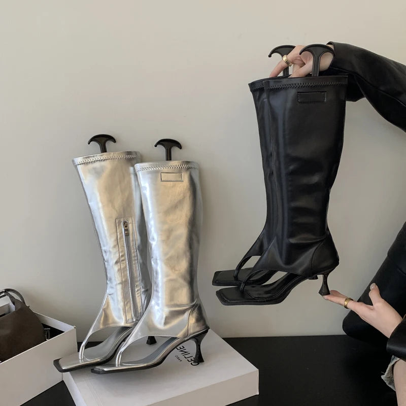Silver Open Toe Clip-On Knee High Boots