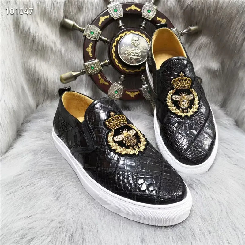 Authentic Exotic Crocodile Skin Black White Color Men's Loafers