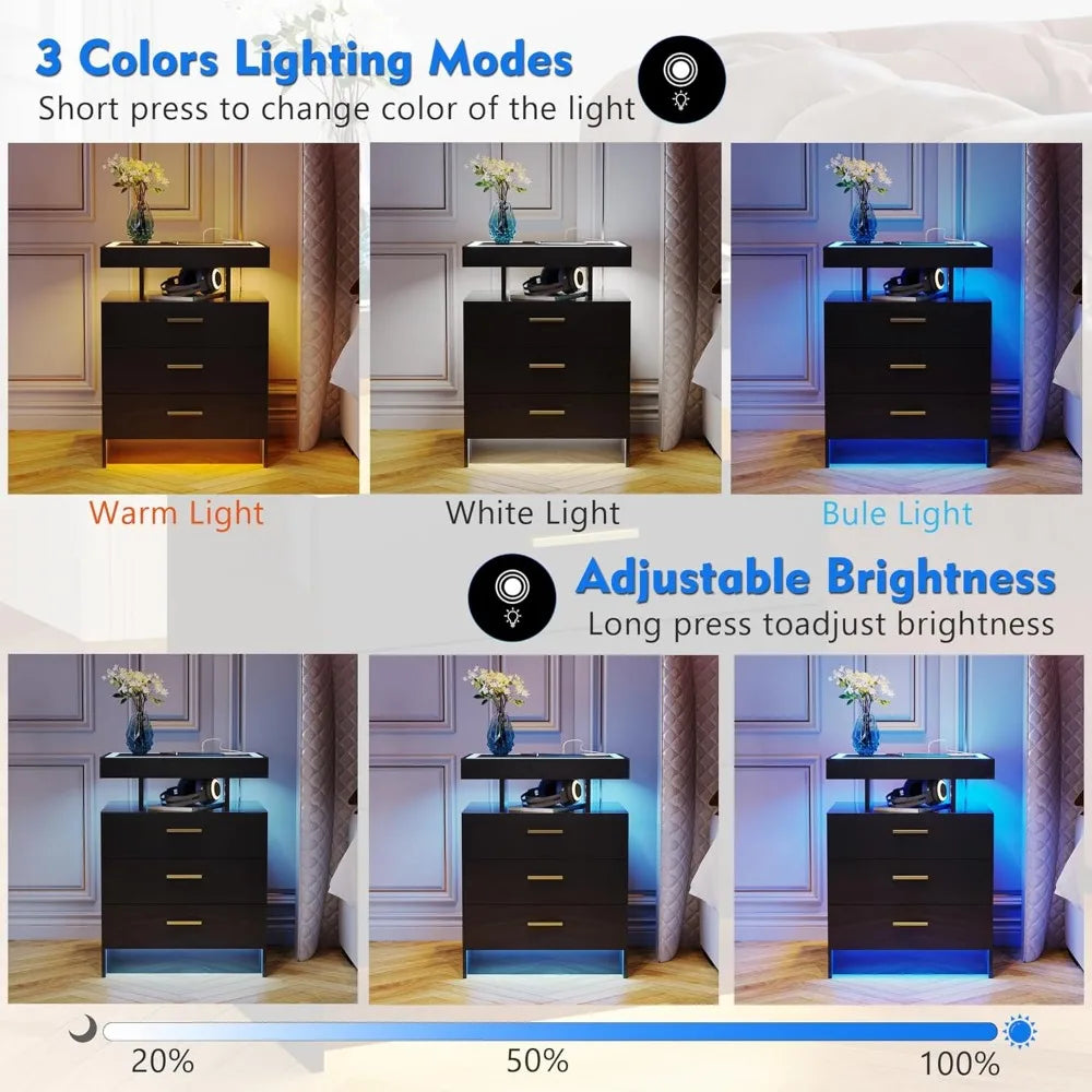 2 Set Nightstands with Wireless Charging Station, Auto Sensor 3 Color Dimmable LED