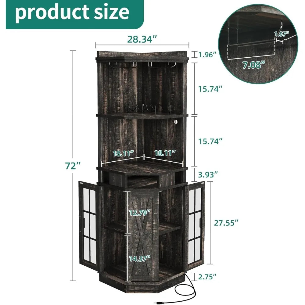 72" Farmhouse Corner Bar Cabinet with LED Lights & Glass Door