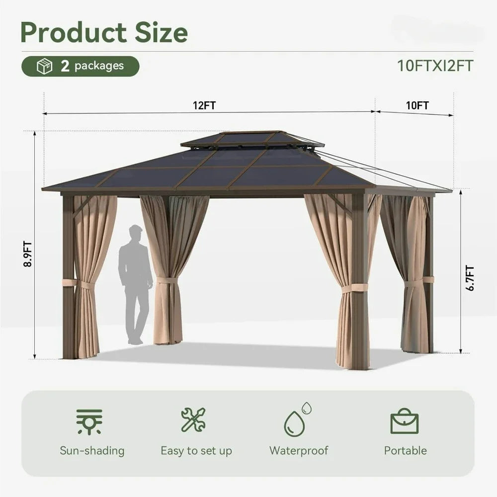 10' x 10' Gazebo Polycarbonate Frame Permanent Pergolas with Curtains and Netting